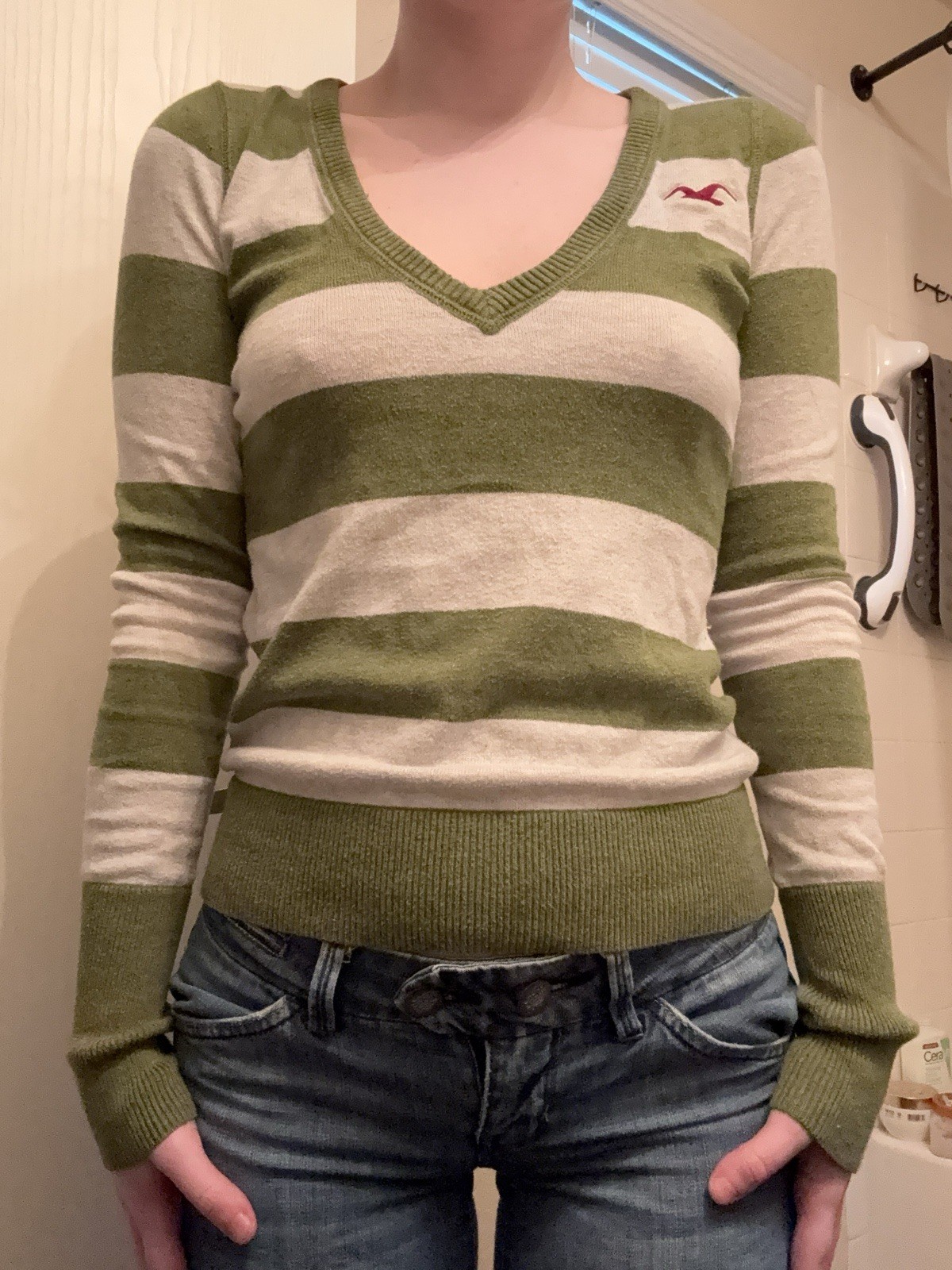 Vintage Y2K Hollister Striped V-Neck Sweater – Sage Green & Gray – Women’s Small