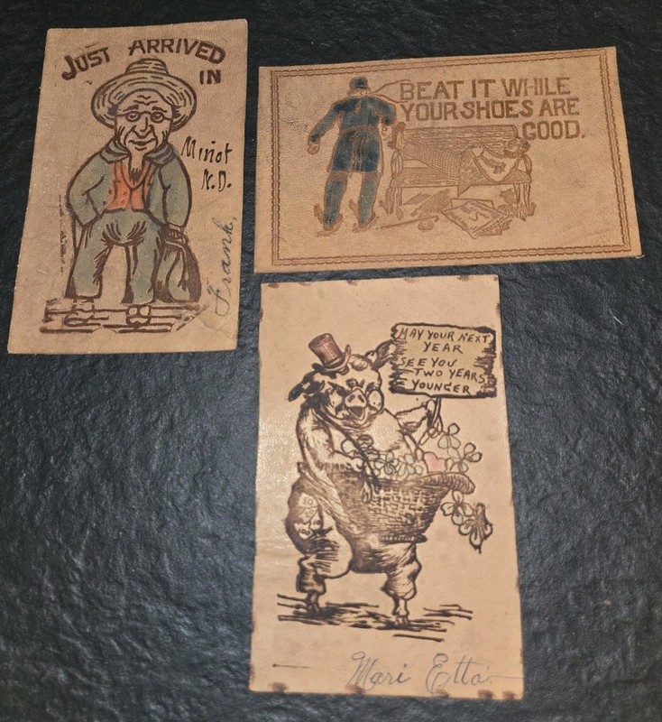 Antique 1906 Leather Postcard Lot (3)-w/1 Cent Stamps-Pyrography