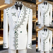 Double Breasted White Men's 2Pcs Suits Appliques Beading Jacket Formal Prom Coat