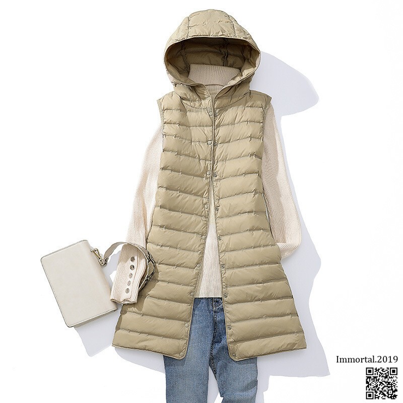 Lightweight Thin and Lightweight Down Long White Duck Down Hooded Vest