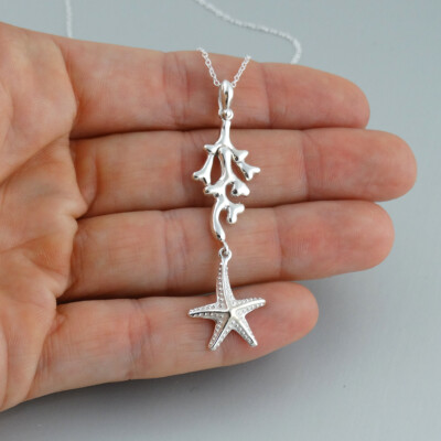 Korallen Anhänger mit baumelndem Seestern 925 Sterling Silber Strand Ozean Riff Geschenk
