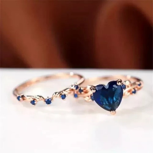 3Ct Heart Cut Sapphire Wedding Bridal Set Ring 14K Rose Gold Plated