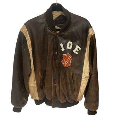 Vintage Mirage Distressed Leather Bomber Varsity Jacket Brown