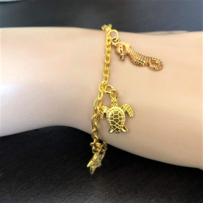 Gold Sea Life Charm Chain Bracelet Aquatic Ocean Turtle Seahorse