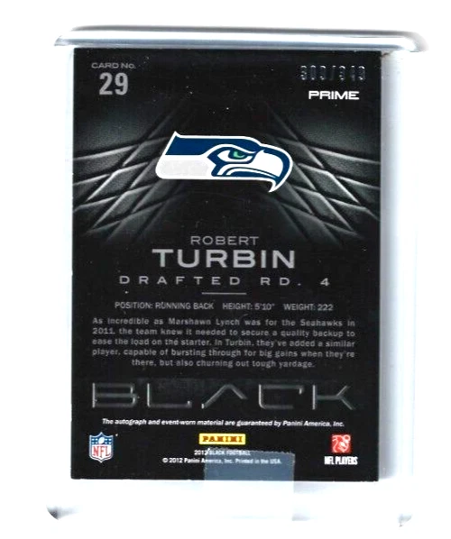 Robert Turbin 2012 Panini Black RC 3 Color Patch Auto Prime /349 Seahawks Aggies - Image 2 of 2