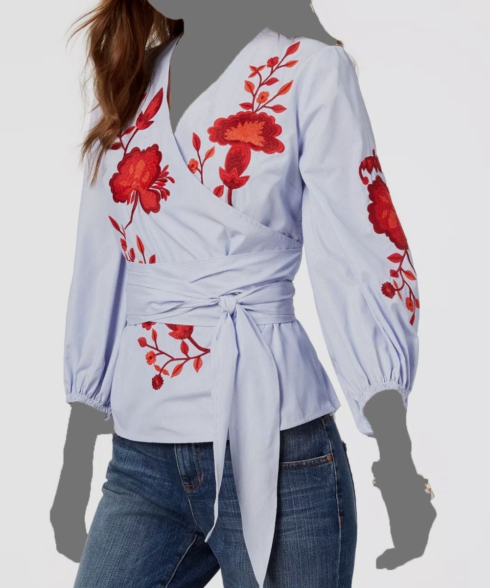 $90 I.N.C Women's Blue Red Floral Embroidered Striped Wrap