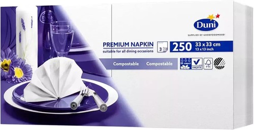Duni 33cm 3-Ply White Paper Napkins 250 Pack – Compostable - Picture 2 of 5