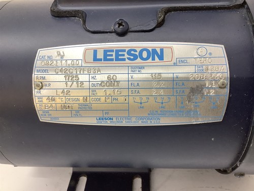 Leeson C42C17FB3A AC Motor 1/12 Hp 115V 1800 Rpm 4P Fr L42 1 Ph 60 Hz TEFC - Picture 2 of 6