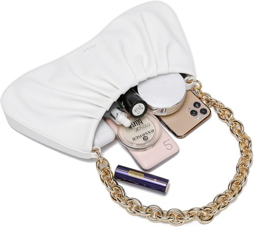 Shoulder Bag for Women,Small Leather Handbag Purse,Gold Chain Clutch White - Picture 4 of 8