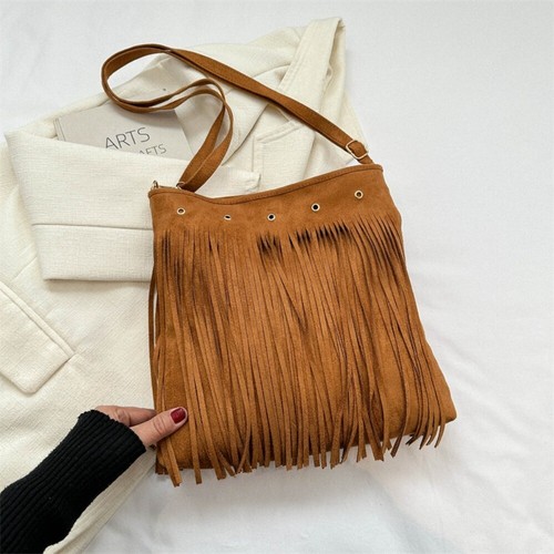 PU Fringed Leather Shoulder Bag with Tassels Solid Color Shoulder Bag - Picture 15 of 15