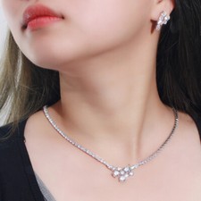 Simple Design Women Cubic Zirconia Necklace Earrings Silver Plated Jewelry Set