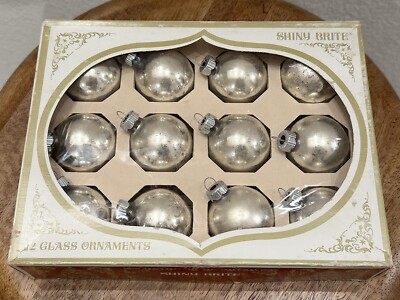 12 VTG Max Eckardt Shiny Brite Christmas Ornaments Silver Balls in Original Box