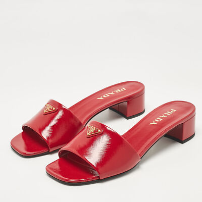 Prada Red Saffiano Patent Leather Block Heel Slide Sandals