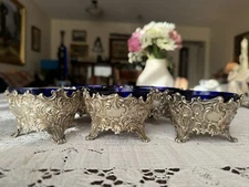 6 Repousse Sterling Salt Cellars Cobalt Liners 1846-7, Edward Barnard