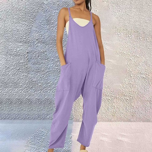 Womens Summer Jumpsuit Sleeveless Loose Solid Color Strap Loose Jumpsuit Pocket - Picture 18 of 63