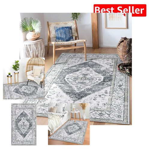Machine Washable Boho Rug 3x5 - Non-Slip Indoor Chenille for Bedroom & Entryway