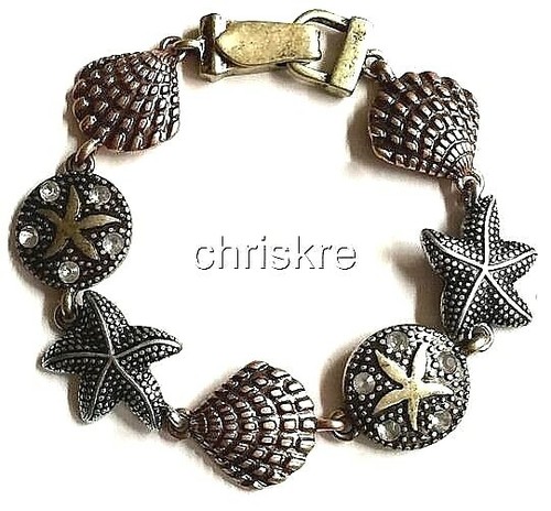 Sea Life Charm Bracelet Starfish Shell Sand Dollar Island Copper Gold Plated - Picture 2 of 8