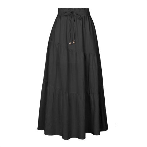 Lady Casual Solid Color Cotton Linen Elastic Waist Fashion Summer Long Skirt - Picture 6 of 26
