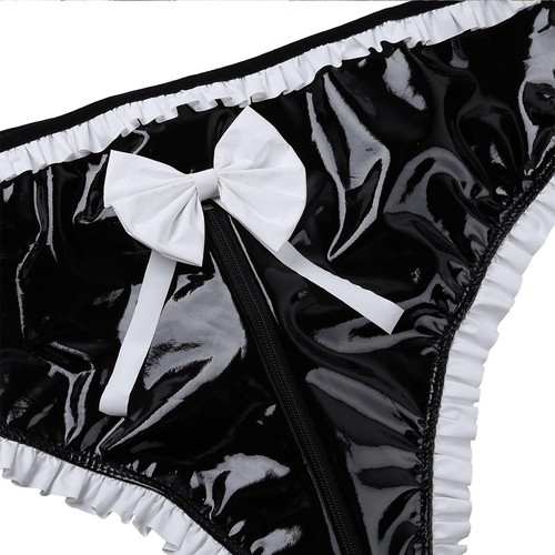 Sissy Mens French Maid Brief Wet Look Underwear Frilly Zipper Crotch Panties - Picture 7 of 14