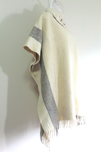 Fringed Western Poncho 100% Wool Cream Striped Ribozo Turtleneck Boho Ethnic - Picture 3 of 7