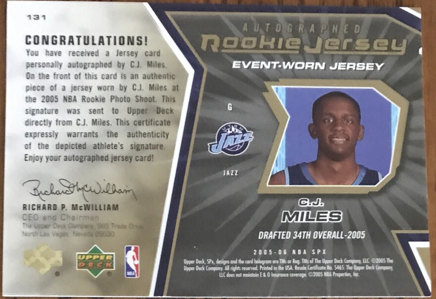 2005-06 SPx Rookie Jersey Autograph C.J. Miles #131 Utah Jazz #’d 1438/1499 - Image 2 of 2