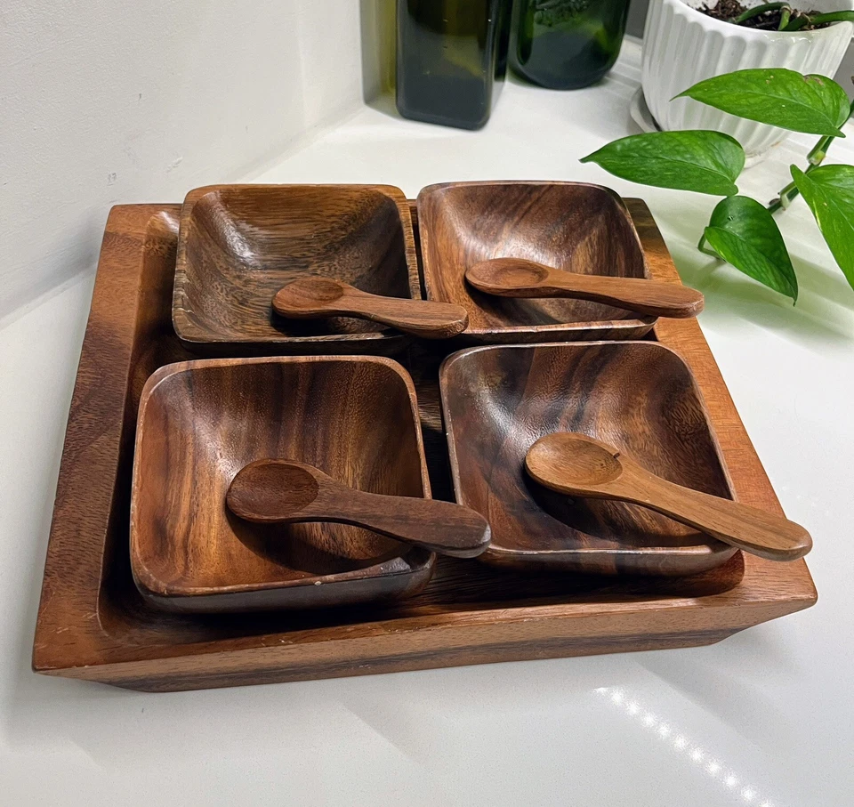 Juego de 9 bandejas de condimentos de madera de acacia con 4 cuencos 4 cucharas y bandeja Foto 2 de 4