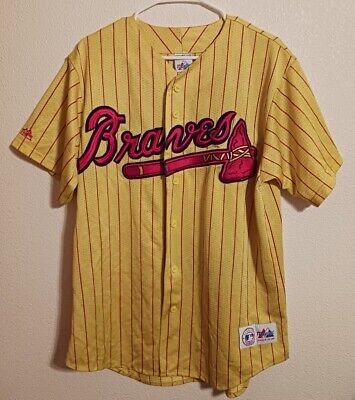 Vintage Majestic Atlanta Braves MLB Baseball Jersey Yellow Striped USA Made  Sz L 