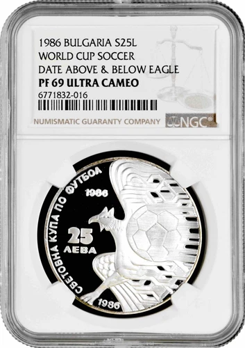 Bulgaria 25 leva 1986, NGC PF69 UC, "1986 FIFA World Cup, Mexico" Top Pop