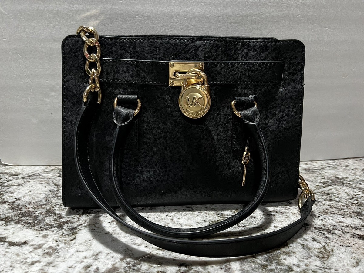 MICHAEL KORS Hamilton Satchel Bag Black with Gold Chain Lock And