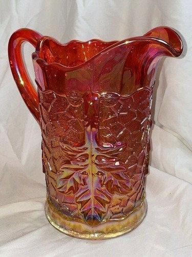 Mosser Glass Pitcher Maple Leaf Amberina Pink Red Marigold Carnival - Picture 6 of 7