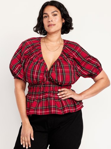 NWT Old Navy V-neck Smocked Top XL Red Tartan Plaid Raglan Peplum Hem Blouse