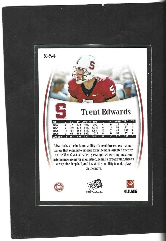 2007 Press Pass Legends # S-54 Trent Edwards   /499 - Image 2 of 2