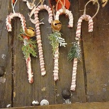 Handmade Striped Candy Cane Christmas Ornaments with Bells, Set of 4