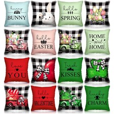 Set of 16 Easter Pillow Covers 18 x 18 Inch Buffalo Plaid Throw Pillow Covers...