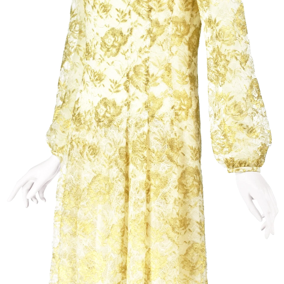 Vestido OSCAR DE LA RENTA 2016 dorado y blanco de encaje abierto ajustado y acampanado talla 6/8 M Foto 4 de 4