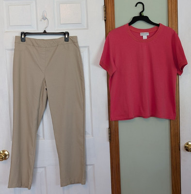 Drapers & Damon's Set Pants Tan Rayon Nylon Span Coral Tee Crochet Accent PL Euc