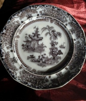 Antique Corean Pearl Stoke Ware PW & Co. Black Transferware Plate 1840's Pagoda