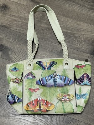 ANUSCHKA Leather Hand Painted Handbag Purse Butterfly Moth Print
