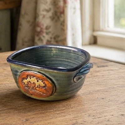 Tree Medallion Handmade Studio Pottery Signed Blue Nature Oak Planter Trinket