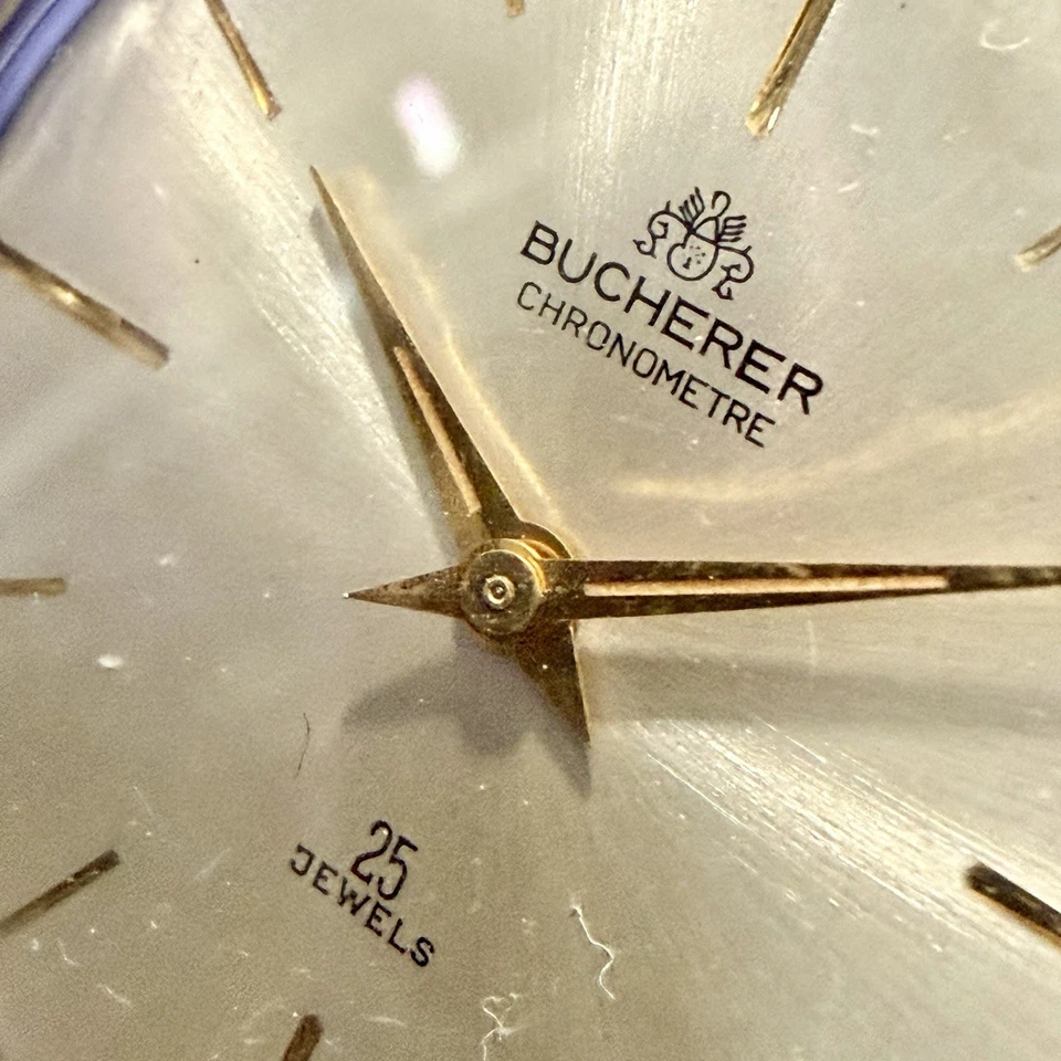 Reloj suizo vintage Bucherer fecha automático 25 joyas para hombre 34 mm esfera dorada ¡FUNCIONA! Foto 3 de 4