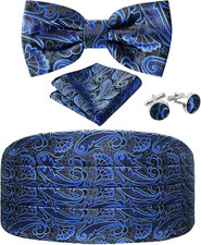 Paisley Cummerbund and Bow Tie Set Adjustable Formal Men's Blue Cumberbund Tu...