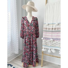 Zara Red Pink Black Green Floral Long Balloon Sleeves Midi Dress Women’s Small