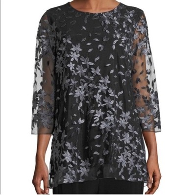 New Caroline Rose Floral Notes Embroider Layered Sheer Overlay Tunic Top Whimsy