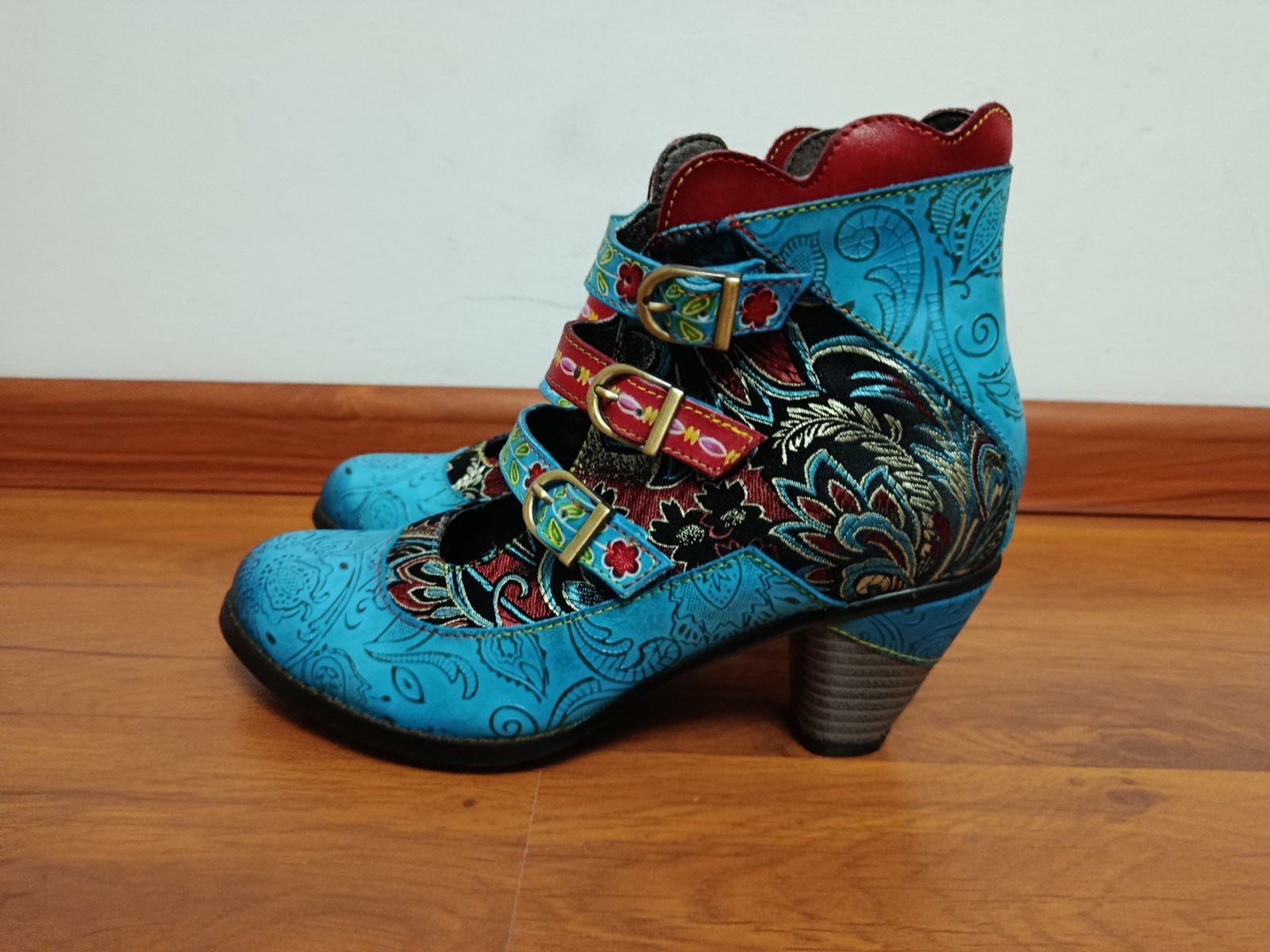 SOCOFY Vintage Leather Floral Ankle Boots Boho Style Teal Multicolored Size 38