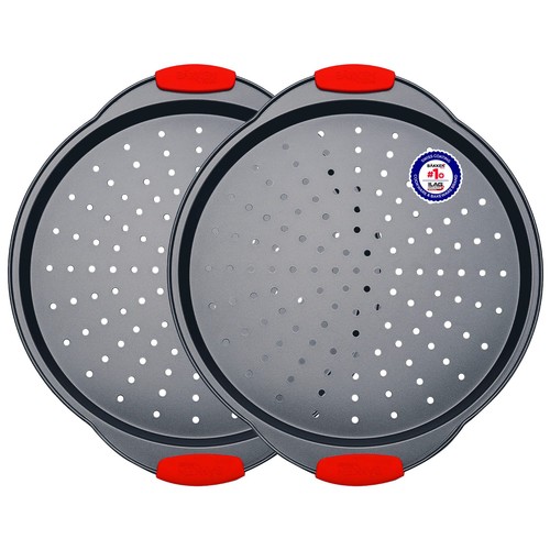 Pizza Tray – 2 Round with Silicone Handles – Carbon Steel Pizza Pan with Hole... - Picture 1 of 8