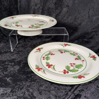 Sango White Christmas Pedestal Dish Set Holiday Candy Cookie Plate Holly & Berry