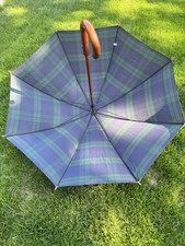Vintage Polo Ralph Lauren Tartan Plaid Blue Green Golf Umbrella Wood Shaft