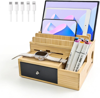 Bamboo Charging Station Organizer with Drawer and Pen Holder | Charging Stand Ra