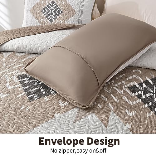 Brown Boho Quilt Set King,3 Pieces Aztec Texture King 90“×103” Khaki Brown - Picture 6 of 6