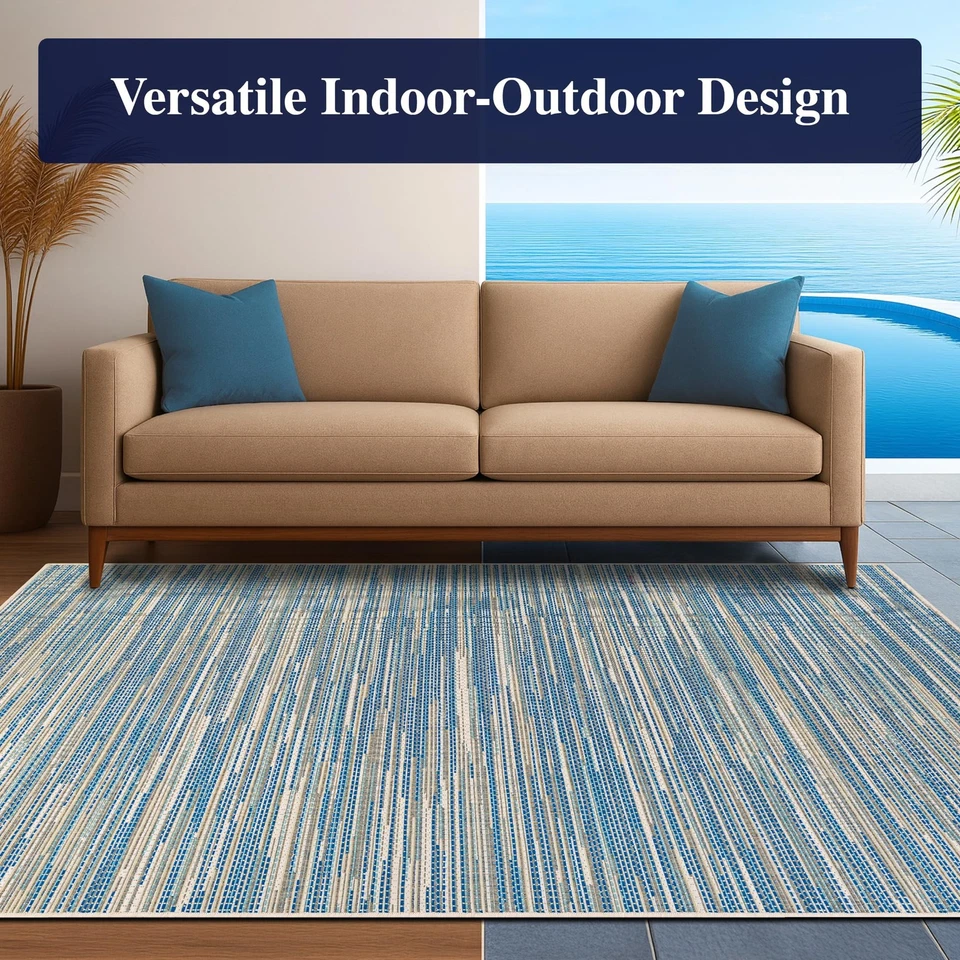 Alfombra de interior/exterior Monaco Alassio, 5'3" x 7'6", azul arena-azul-turquesa Foto 2 de 4